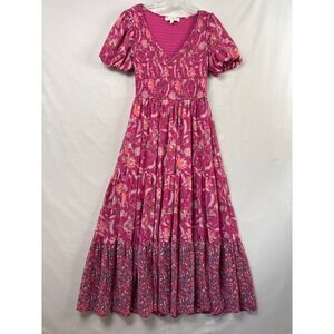 Penelope Rose Maxi Dress Womens Medium Pink Floral Smocked Tiered Puff Sleeve
